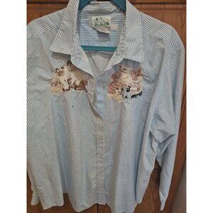Womens Plus Size XXL / 2XL Vintage Blue & White Stripe Shirt w/ Embroidered Cats